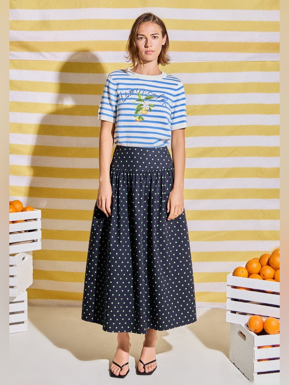 NWT English Factory POLKA DOT Navy and Green PLEATED MIDI SKIRT - size small